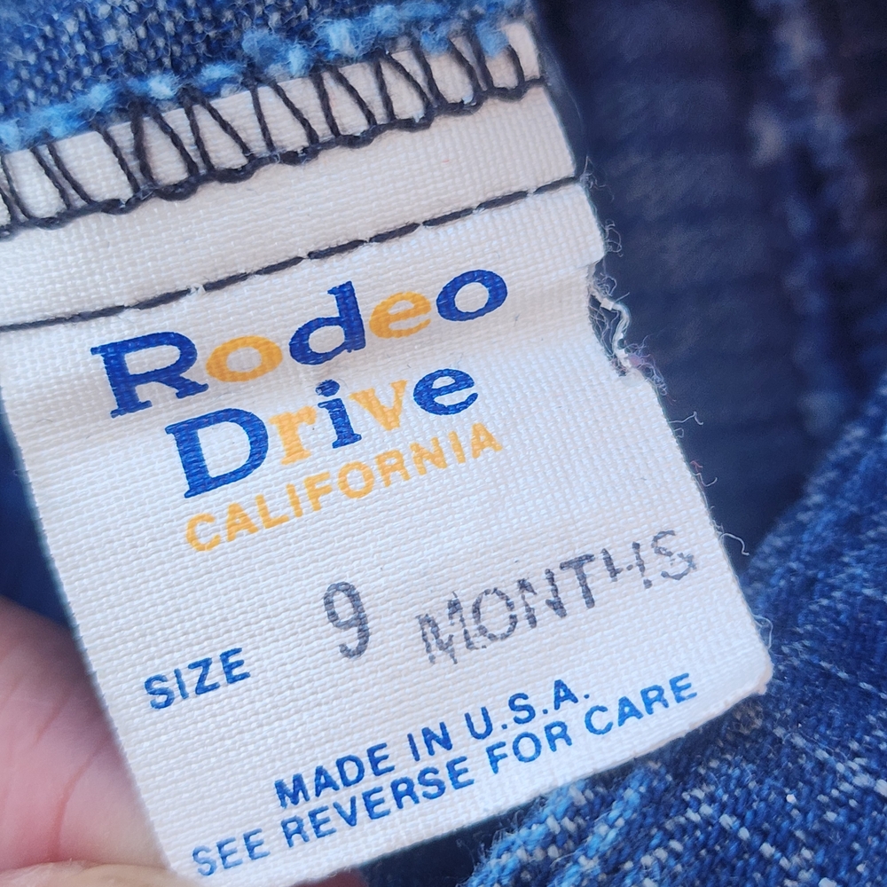 VTG Rodeo Drive Cali Baby Checkered Denim Blue Overalls, Embroided Yellow Dog,9M - Picture 7 of 8